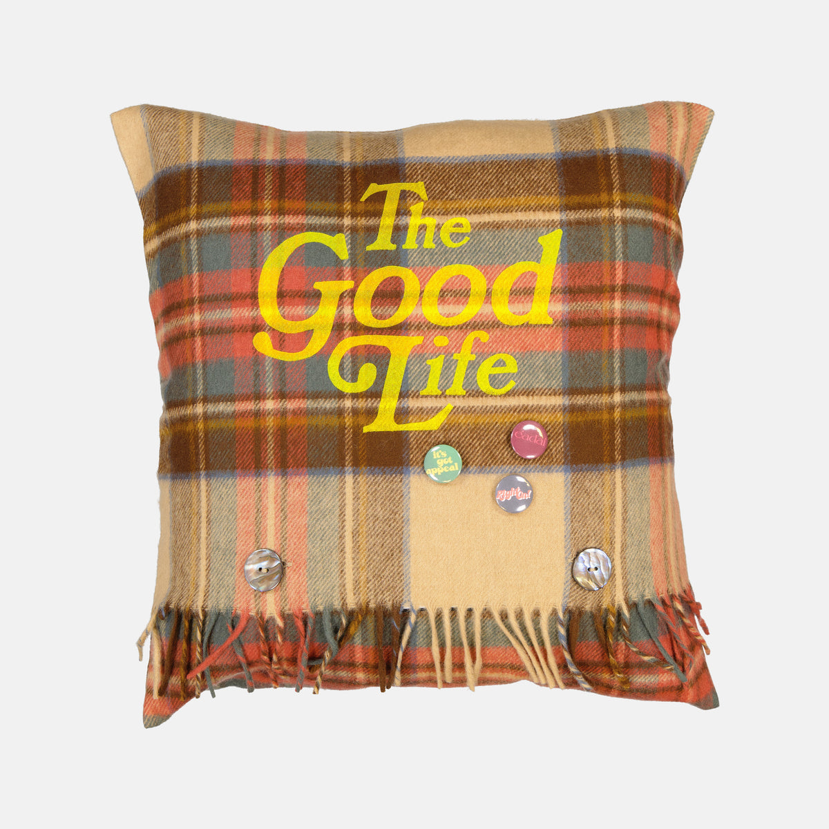 BONNIE x Djanaieff Stewart tartan cushion with The Good Life motif